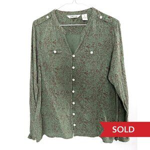 Orvis Sage Green Crinkle Cotton Blouse Womens M Boho Cottagecore Button Top